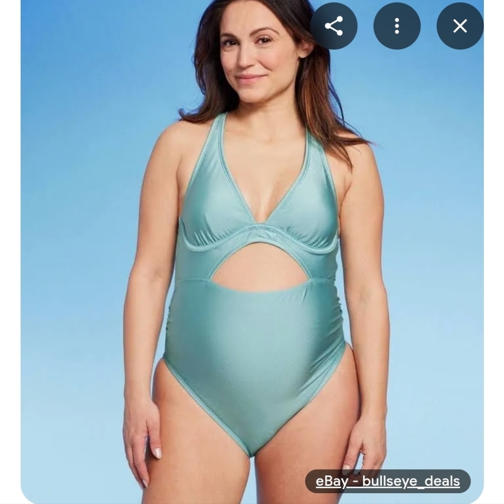 NWT Maternity Cut Out Swim One Piece Ingrid & Isabel Blue Shiny Baby Shower Y2K